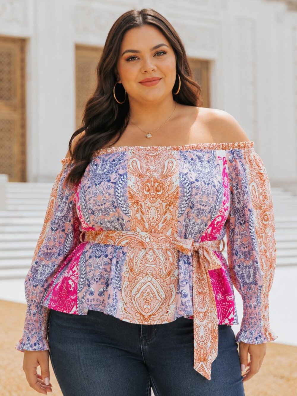Multicolor Boho Off Shoulder Floral Print Long Sleeve Blouse - Size 2XL - NWT
